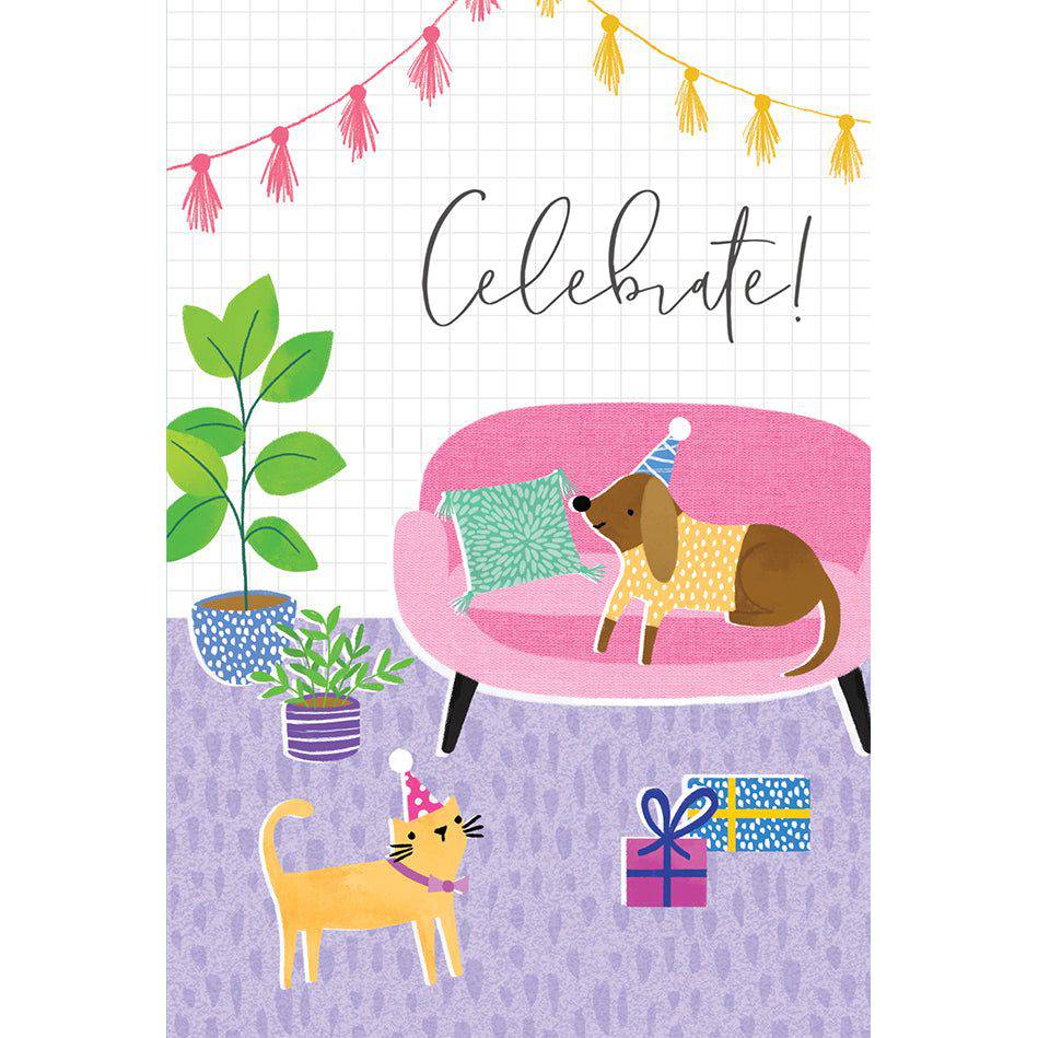Colorful Party Time Pets birthday card by Pictura featuring playful animal illustrations for special celebrations.
